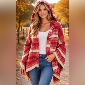 Scully Red and Cream Hooded Striped Poncho Cardigan like New